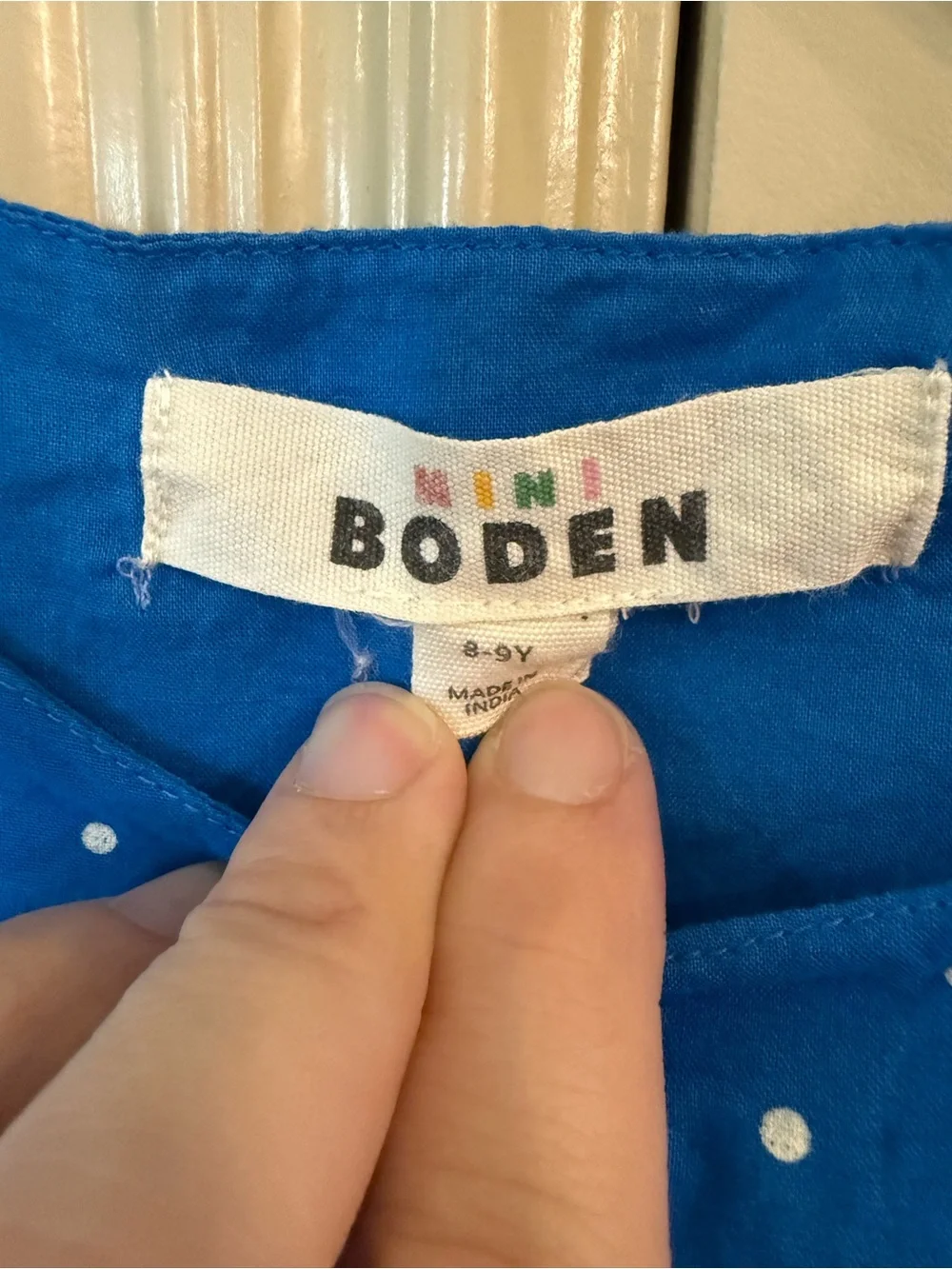Mini Boden Blue Polka Dot Dress with Rainbow Detail